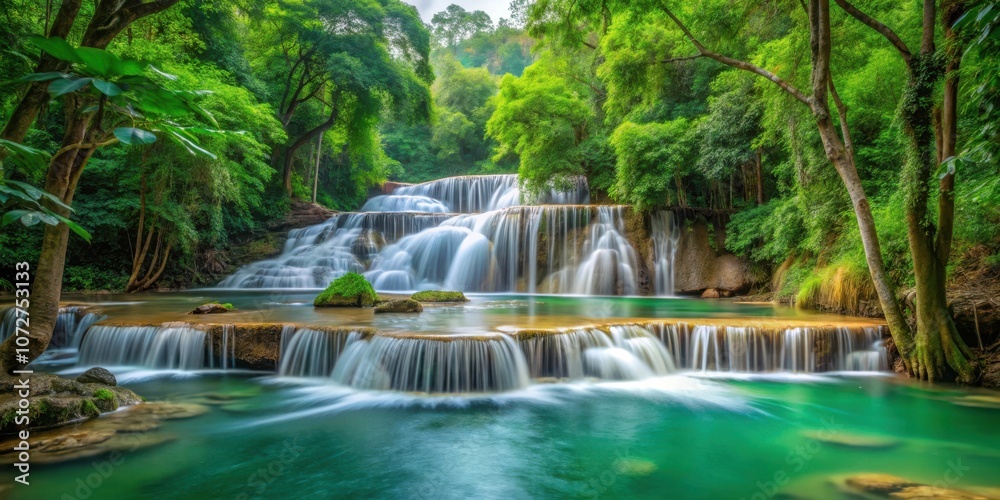 Serene Cascade of Water Flowing Through Lush Jungle Serene Cascade of Water Flowing Through Lush Jungle