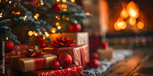 gift under a Christmas tree against the background of the fireplace