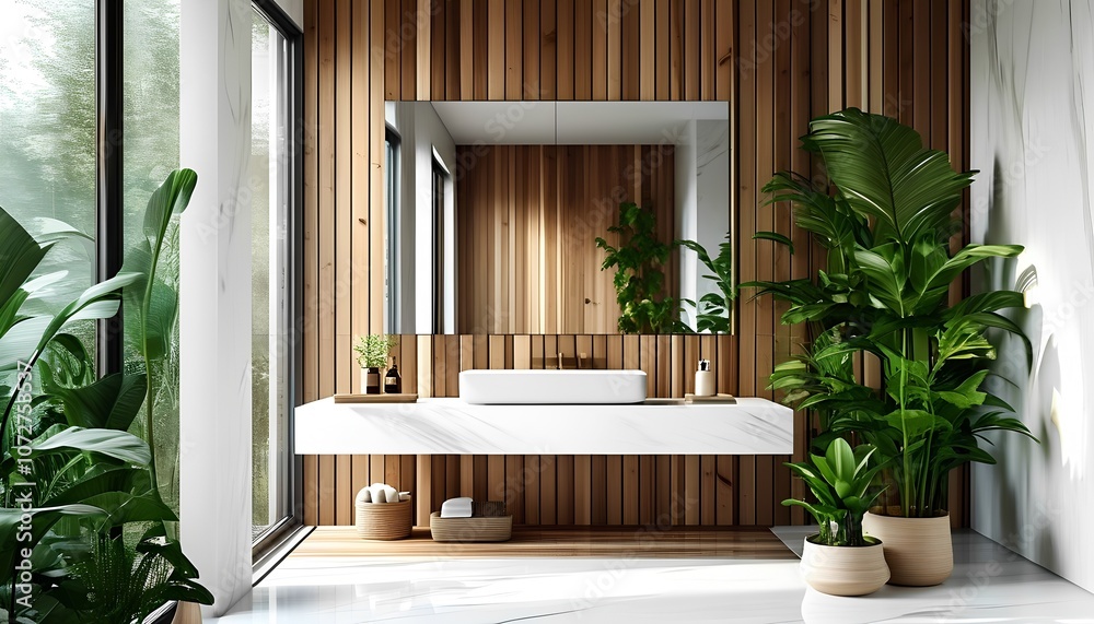 A minimalist bathroom design featuring a large mirror reflecting a wooden wall and lush greenery. The clean lines, natural materials, and soft lighting create a serene and inviting atmosphere. A minimalist bathroom design featuring a large mirror reflecting a wooden wall and lush greenery. The clean lines, natural materials, and soft lighting create a serene and inviting atmosphere.