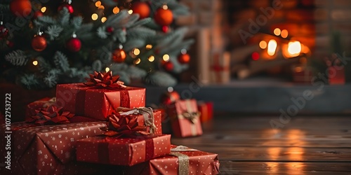 gift under a Christmas tree against the background of the fireplace