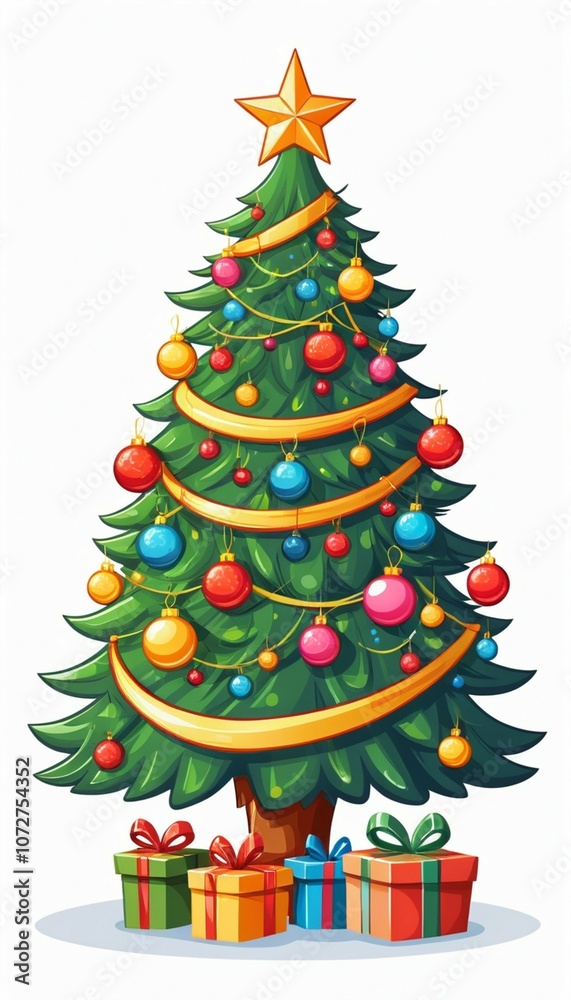 Big beautiful christmas tree decorated with beautiful shiny baubles and many different presents on wooden floor. White wall background with a lot of copy space for text. Close up. Big beautiful christmas tree decorated with beautiful shiny baubles and many different presents on wooden floor. White wall background with a lot of copy space for text. Close up.
