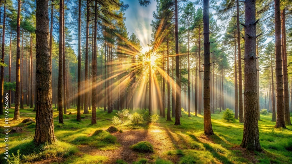 Obraz premium Sunlight Dappled Through a Forest of Tall Trees, Casting Long Shadows on the Green Grass