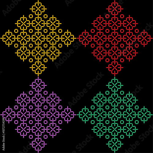 India stitch Kasuti embroidery fabric pattern needle work seamless geometric abstract culture decorative hand drawn tribal asian template printed colorful line artwork black background quilt wallpaper