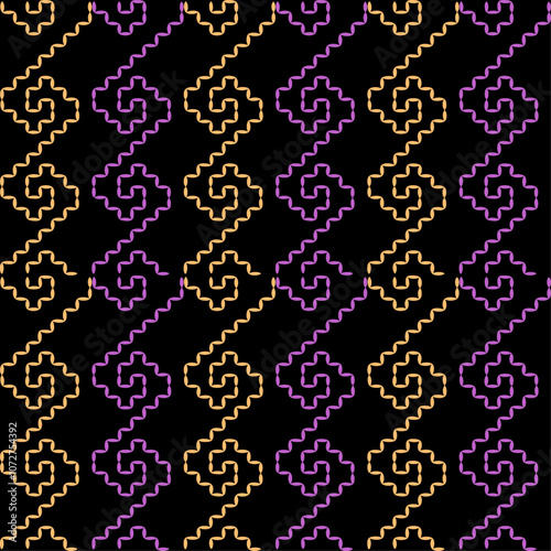 India stitch Kasuti embroidery fabric pattern needle work seamless geometric abstract culture decorative hand drawn tribal asian template printed colorful line artwork black background quilt wallpaper