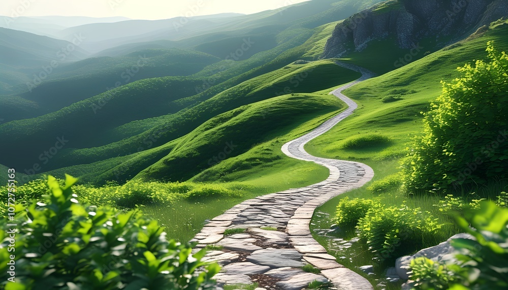 A winding stone path snakes its way through rolling green hills, bathed in the warm glow of the morning sun. The picturesque landscape invites exploration and promises breathtaking views. A winding stone path snakes its way through rolling green hills, bathed in the warm glow of the morning sun. The picturesque landscape invites exploration and promises breathtaking views.