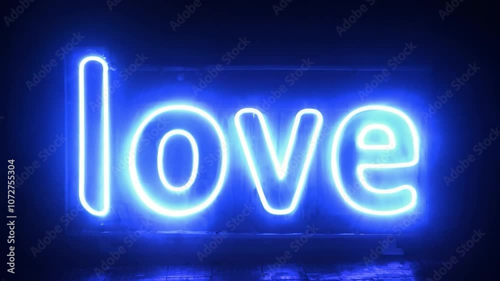 Flickering blue neon sign spelling out love creates a romantic ambiance Flickering blue neon sign spelling out love creates a romantic ambiance