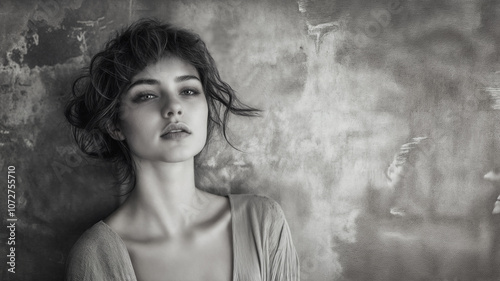 Black and white image of a woman with a sultry, alluring expression. Vintage portrait. She is leaning against a stone wall. Direct gaze. Copy space. photo