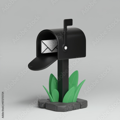 A black mailbox on a green base, slightly open, revealing a letter inside, set against a light gray background. photo