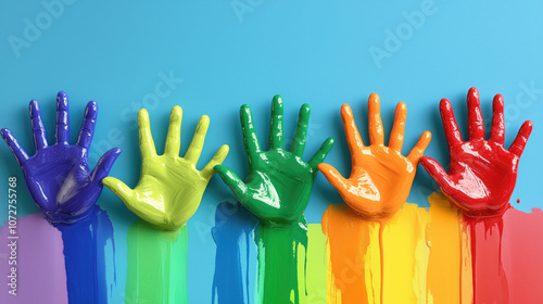 Multicolored palms with flowing paint in rainbow colors on a blue background. Multicolored hands isolated on a blue background symbolize diversity, unity and equality. photo