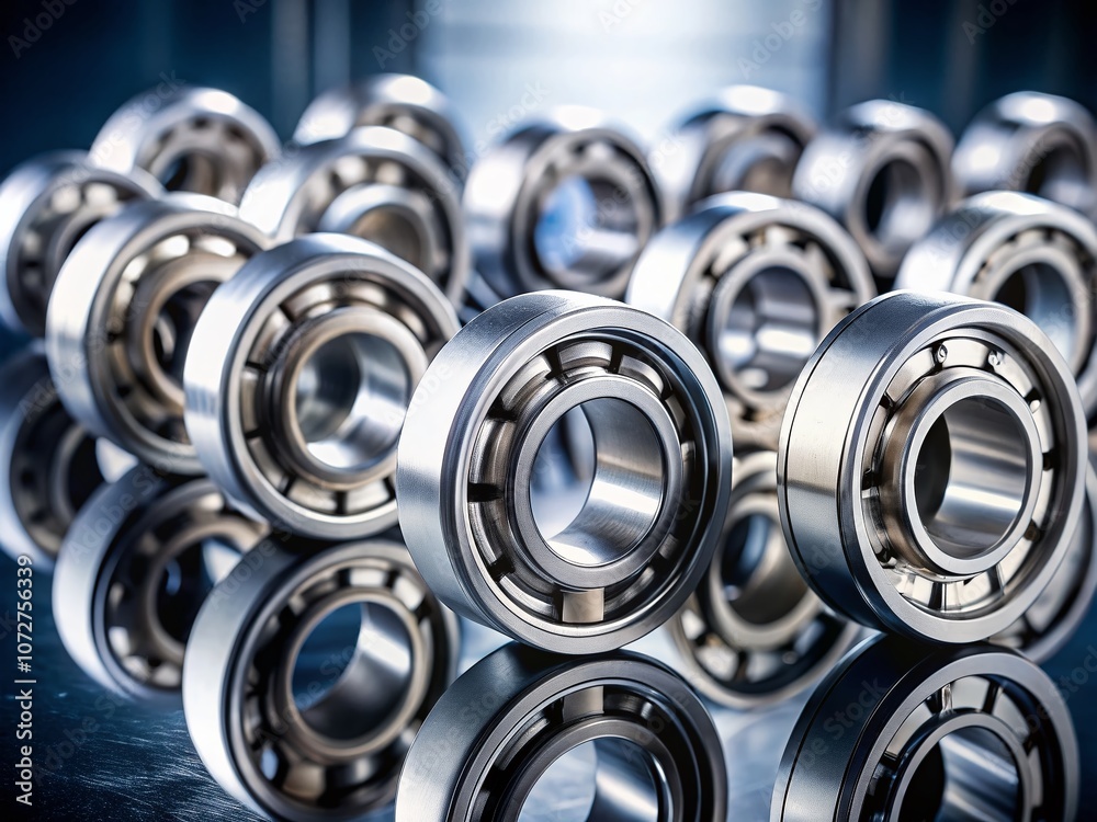High-Quality Close-Up of Metal Steel Industrial Rod End Bearings on a Reflective Surface, Showcasing Precision Engineering and Industrial Design in a Modern Setting High-Quality Close-Up of Metal Steel Industrial Rod End Bearings on a Reflective Surface, Showcasing Precision Engineering and Industrial Design in a Modern Setting