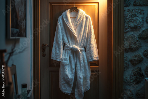 Relaxing bathrobe hung on a door, ready for an evening wind-down. photo