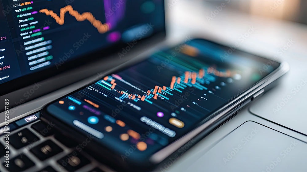 Home office with a laptop with gaphs of data of investment trading on crypto Home office with a laptop with gaphs of data of investment trading on crypto