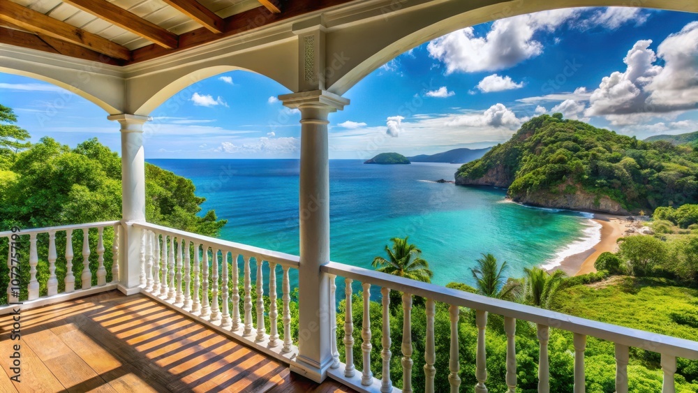 A white-railed balcony with a breathtaking view of a secluded beach, turquoise water, and lush green hills under a bright blue sky A white-railed balcony with a breathtaking view of a secluded beach, turquoise water, and lush green hills under a bright blue sky