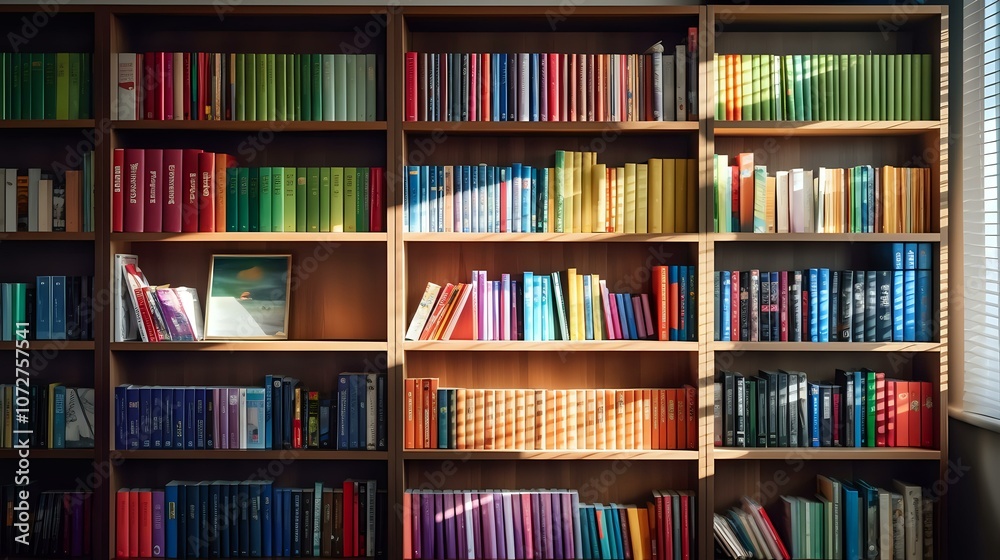 Sunlit bookshelf filled with colorful books, creating a warm and inviting atmosphere. Ideal for themes of reading, knowledge, education, and interior design Sunlit bookshelf filled with colorful books, creating a warm and inviting atmosphere. Ideal for themes of reading, knowledge, education, and interior design