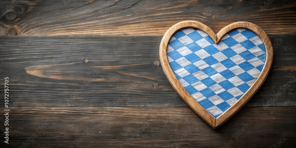 A wooden heart shaped frame with a checkered pattern inside on a rustic wooden background A wooden heart shaped frame with a checkered pattern inside on a rustic wooden background