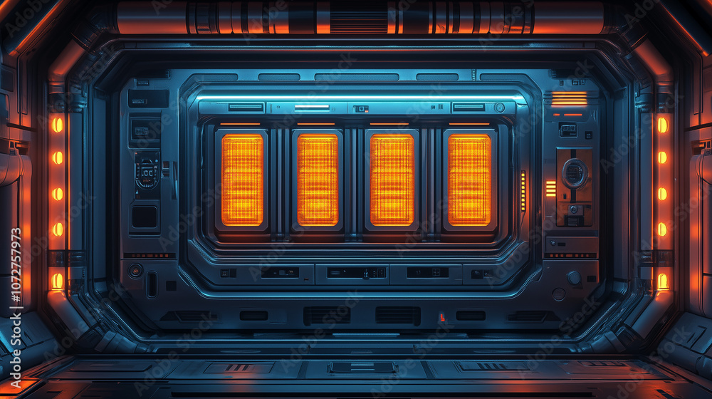 Obraz premium Futuristic sci-fi corridor with glowing orange energy panels, metallic textures, and cyberpunk lighting