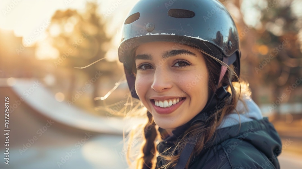 A young woman wearing a black helmet smiles brightly while enjoying her time at the skatepark during golden hour A young woman wearing a black helmet smiles brightly while enjoying her time at the skatepark during golden hour