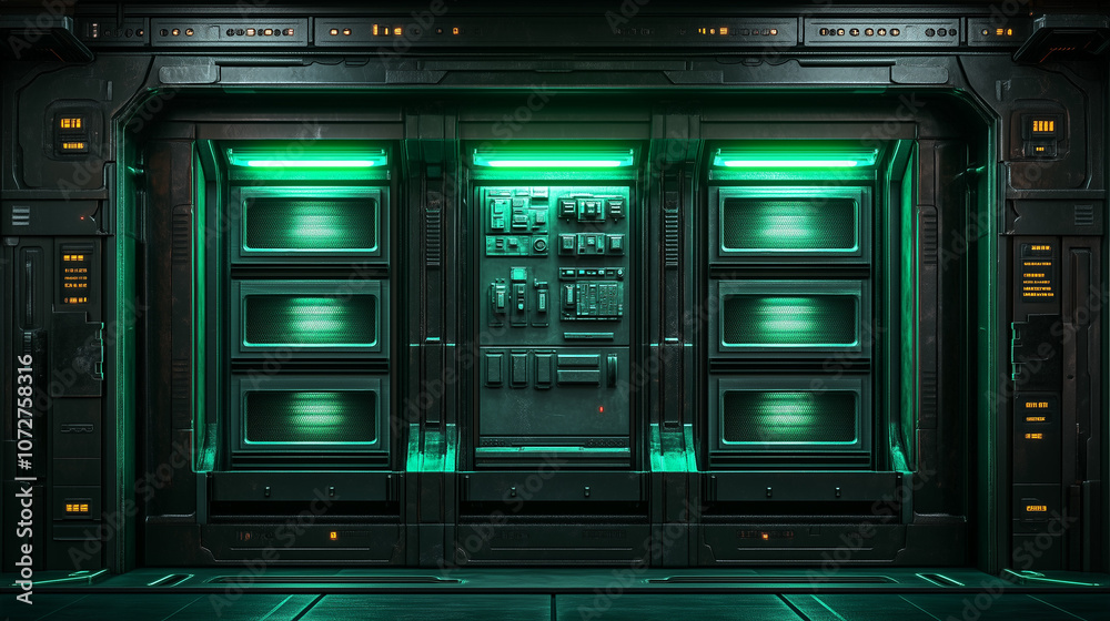 Futuristic control panel with green lighting, advanced technology, cyberpunk sci-fi design, and detailed textures Futuristic control panel with green lighting, advanced technology, cyberpunk sci-fi design, and detailed textures