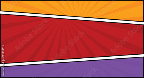 comic book frame panel colorful background with spiral rays and halftone dots