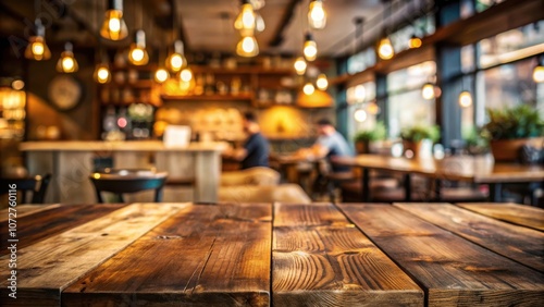 A Rustic Wooden Tabletop in a Warmly Lit Cafe with a Blurred Background of Customers and Cozy Atmosphere