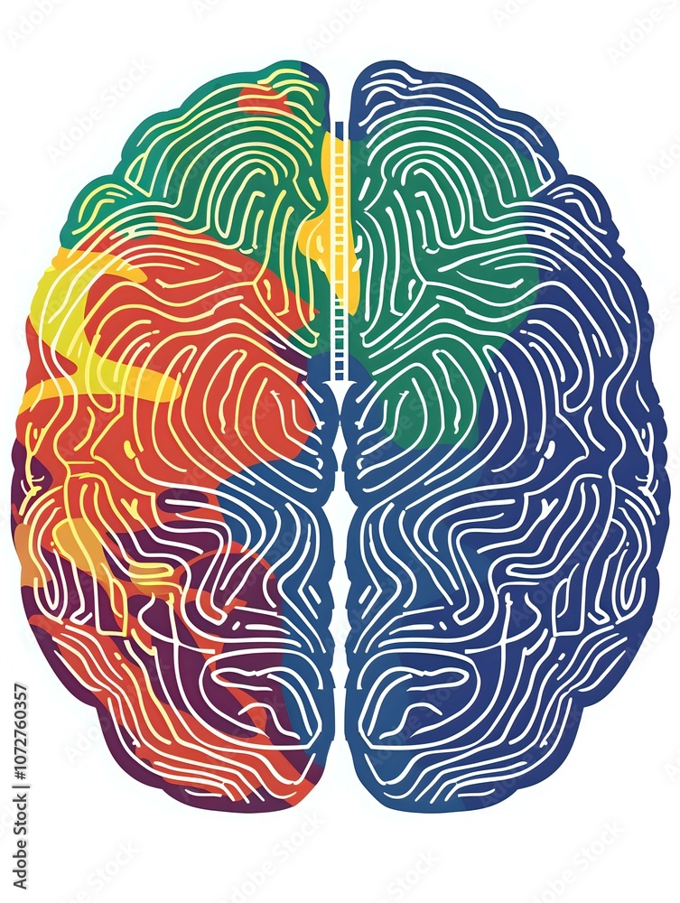Illustration of a brain divided into vibrant, colorful sections, symbolizing creativity, intellect, and diversity of thought. Ideal for themes of psychology, innovation, and cognitive science. Illustration of a brain divided into vibrant, colorful sections, symbolizing creativity, intellect, and diversity of thought. Ideal for themes of psychology, innovation, and cognitive science.