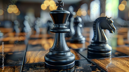 Close-up of a black king and knight chess pieces on a wooden chessboard, highlighting strategy, intellect, and competition. Ideal for themes of planning, decision-making, and gamesmanship. photo