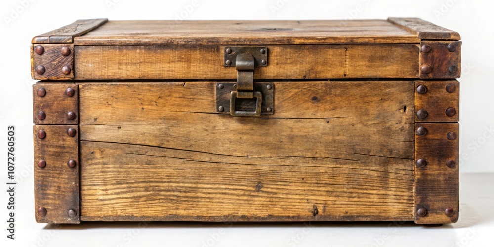 Obraz premium A weathered wooden chest with a metal clasp and rivets, showcasing the rustic charm of vintage craftsmanship.