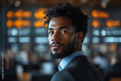 A confident businessperson giving a presentation in a modern office, surrounded by a focused team, symbolizing motivation and drive for success in business and career. 