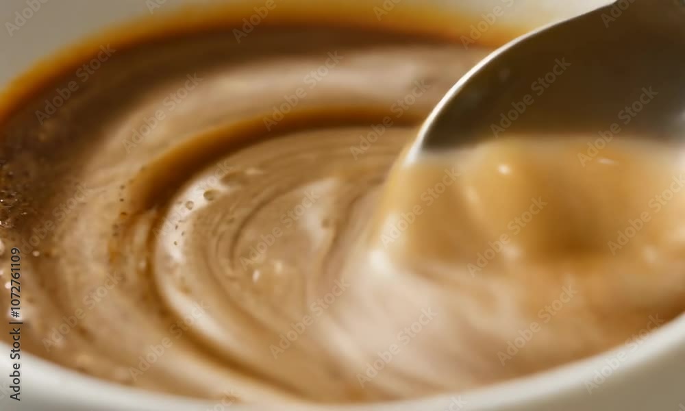 Close up of stirring instant coffee in a cup with a spoon Close up of stirring instant coffee in a cup with a spoon