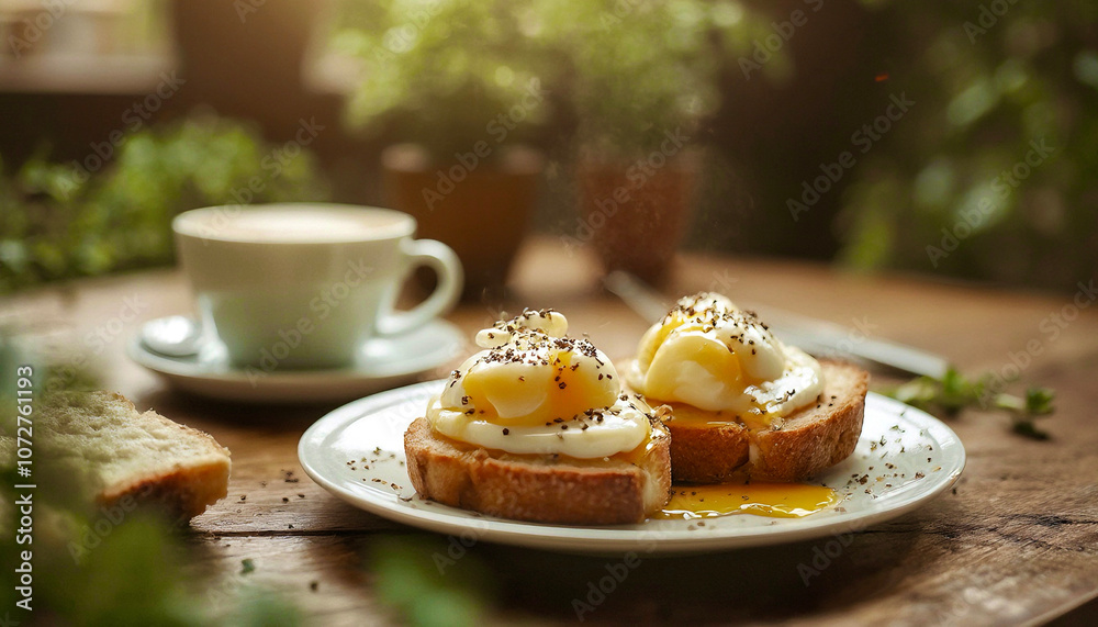 Mouthwatering poached eggs on two slices of toasted bread arranged on the white plate that is standing on the wooden table along with a cup of fresh hot coffee Mouthwatering poached eggs on two slices of toasted bread arranged on the white plate that is standing on the wooden table along with a cup of fresh hot coffee