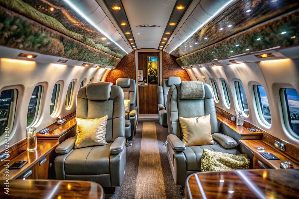 Fototapeta premium Inside an Emirates Plane Captured with Bokeh Effect, Showcasing Luxurious Cabin, Plush Seating, Ambient Lighting, and High-End Amenities for Travel Enthusiasts and Aviation Lovers