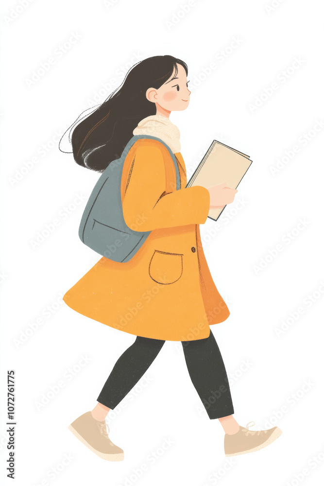 A female college student holding a book and a backpack on a white background A female college student holding a book and a backpack on a white background