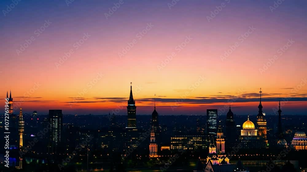Cityscape changing during colorful sunset