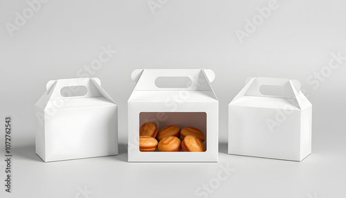 White three blank mockup paper pastries candies box with handle in grey background isolated with white highlights, png