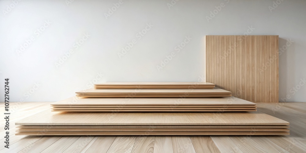 A minimalist interior design featuring stacked wooden panels against a white wall.
