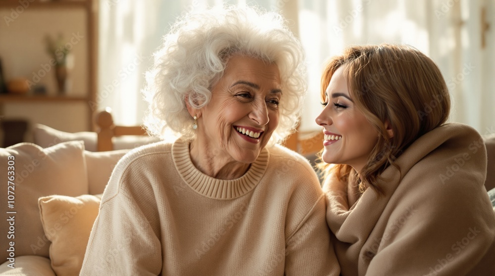 Joyful Interaction between a Senior Woman and a Young Woman in a Cozy Living Room Joyful Interaction between a Senior Woman and a Young Woman in a Cozy Living Room