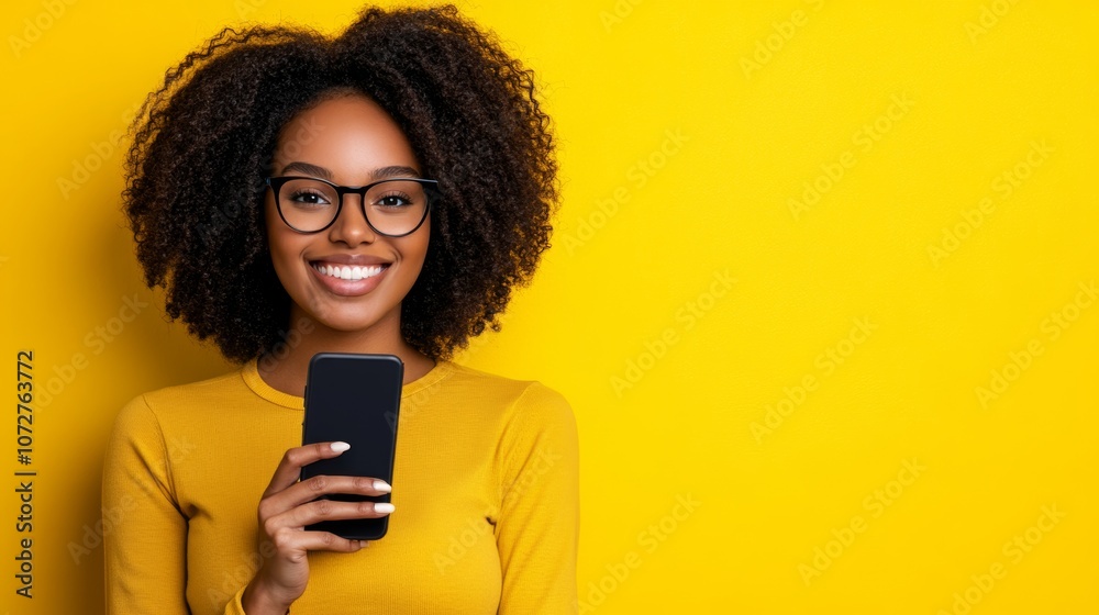 Happy Woman Holding Smartphone Yellow Background Mobile Technology Social Media Happy Woman Holding Smartphone Yellow Background Mobile Technology Social Media