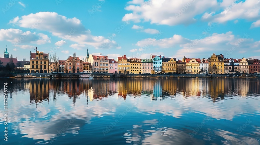 Reflection of Buildings on a Lake - a serene and picturesque visual. The mirrored skyline against the sky creates a tranquil and captivating scene Reflection of Buildings on a Lake - a serene and picturesque visual. The mirrored skyline against the sky creates a tranquil and captivating scene