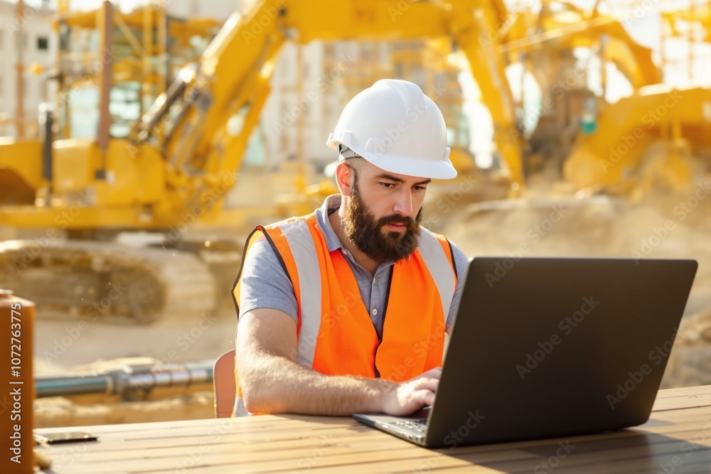 Construction Worker Using Laptop on Job Site with Heavy Machinery in Background Construction Worker Using Laptop on Job Site with Heavy Machinery in Background