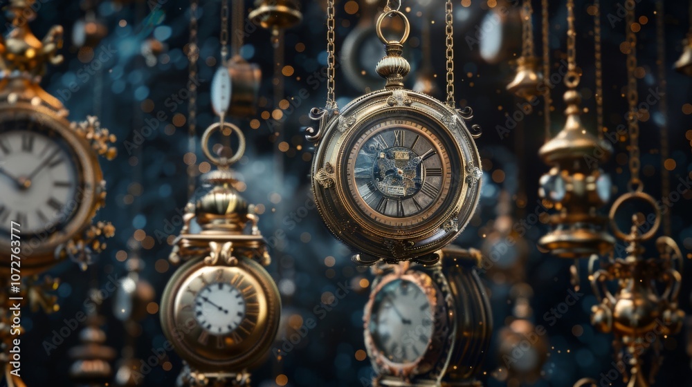 An ethereal display of antique clocks that appear to be levitating in midair. Each clock has a unique design and stands out against a moody starry background.