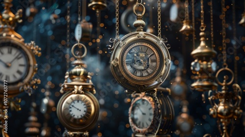 An ethereal display of antique clocks that appear to be levitating in midair. Each clock has a unique design and stands out against a moody starry background. photo