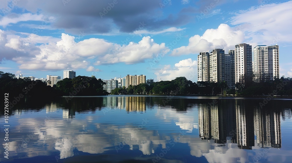 Obraz premium Reflection of Buildings on a Lake - a serene and picturesque visual. The mirrored skyline against the sky creates a tranquil and captivating scene