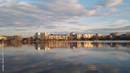 Reflection of Buildings on a Lake - a serene and picturesque visual. The mirrored skyline against the sky creates a tranquil and captivating scene