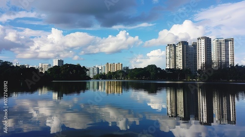 Reflection of Buildings on a Lake - a serene and picturesque visual. The mirrored skyline against the sky creates a tranquil and captivating scene