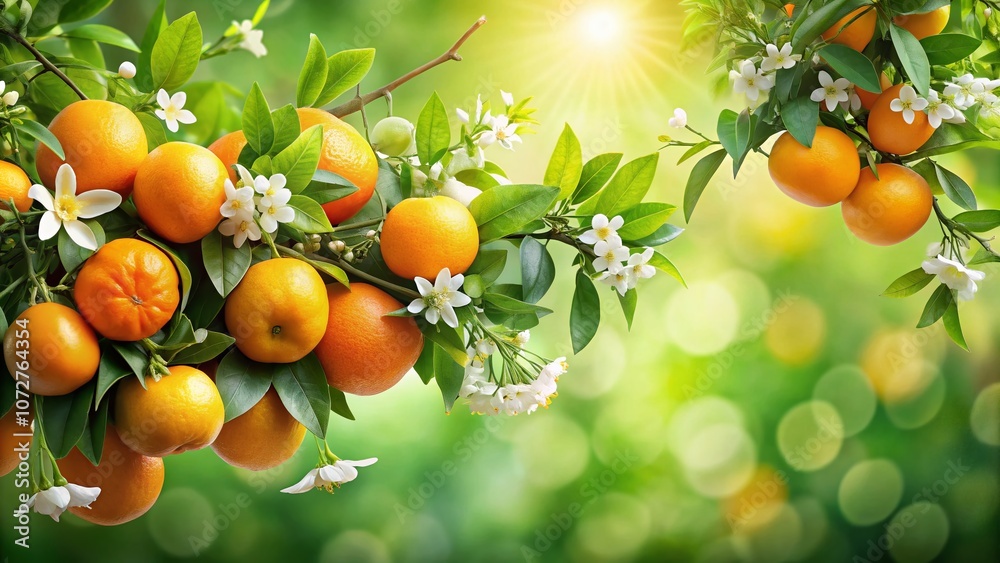 Juicy Tangerines on Branches Surrounded by Lush Green Foliage and Delicate Flowers, Perfect for Brochures and Advertising in a Vibrant Citrus Collection Juicy Tangerines on Branches Surrounded by Lush Green Foliage and Delicate Flowers, Perfect for Brochures and Advertising in a Vibrant Citrus Collection