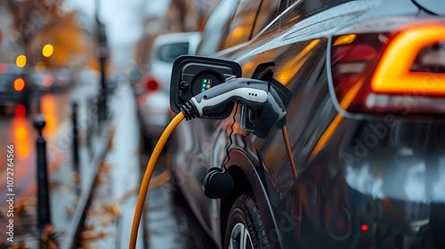 Electric car charging at a street station on an autumn day, symbolizing sustainable energy, modern transportation, and eco-friendly technology. Ideal for themes of green energy, electric vehicles