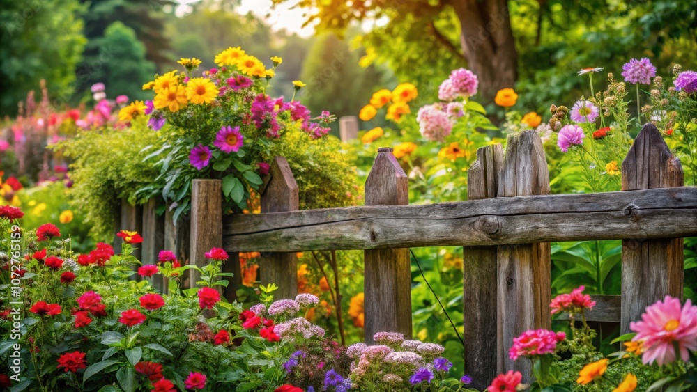 A rustic wooden fence frames a vibrant garden bursting with colorful blooms, bathed in the warm glow of the setting sun. A rustic wooden fence frames a vibrant garden bursting with colorful blooms, bathed in the warm glow of the setting sun.
