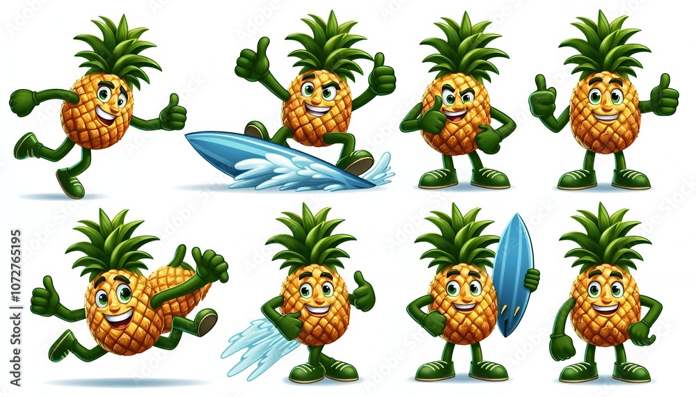 Fototapeta premium pineapple character showing dynamic action poses such as dancing, giving a thumbs-up, doing a superhero pose