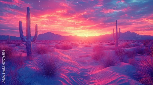 A bioluminescent desert with shimmering dunes and holographic cacti under a vivid digital sunset. The sand glows faintly in neon hues, creating a mesmerizing scene in the open landscape. A surreal  photo