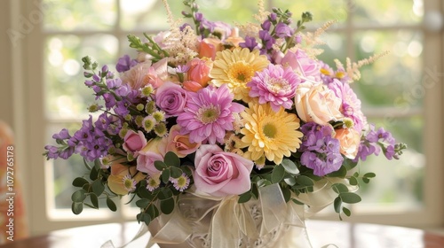 Playful blooms in shades of pink lavender and yellow are nestled a ribbons of lace in this dreamy arrangement.